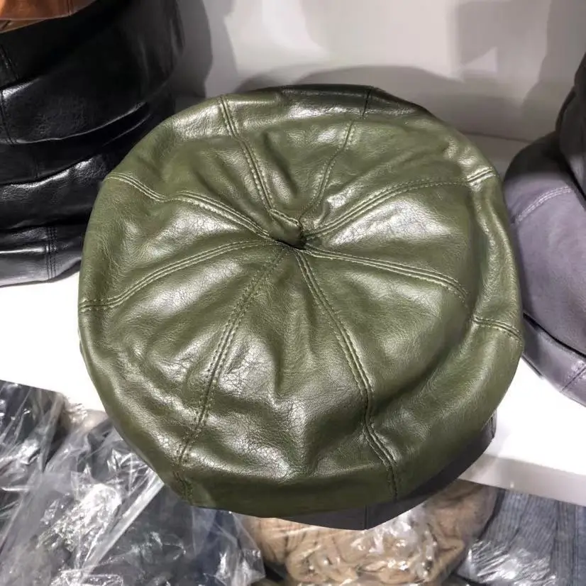 Simple PU Leather Beret Ladies Solid Color Adjustable Painter Hat Autumn Outdoor Travel Cap Male British Style Hats