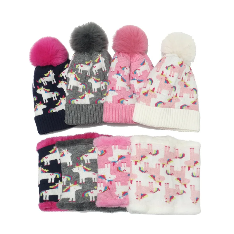 Amazon Top Sale Winter Thicken Unicorn Hats&scarf set Knitted Embroidered Unicorn Hat Scarves Ski Skating Wear Can be Customized