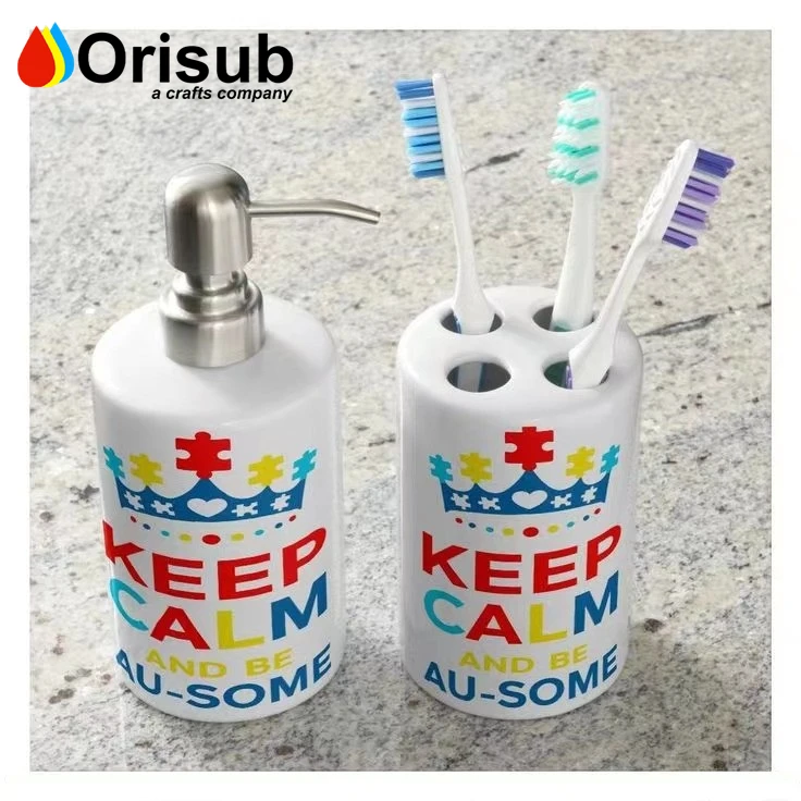 Custom printed white ceramic soap dispensers and toothbrush holder for sublimation