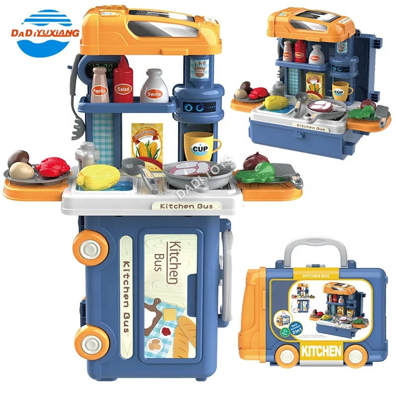 DADI OEM&ODM 3 IN 1 BUS Suitcase Happy Kitchen Toys Cooking Game Kitchen Toys For Kids Pretend Play