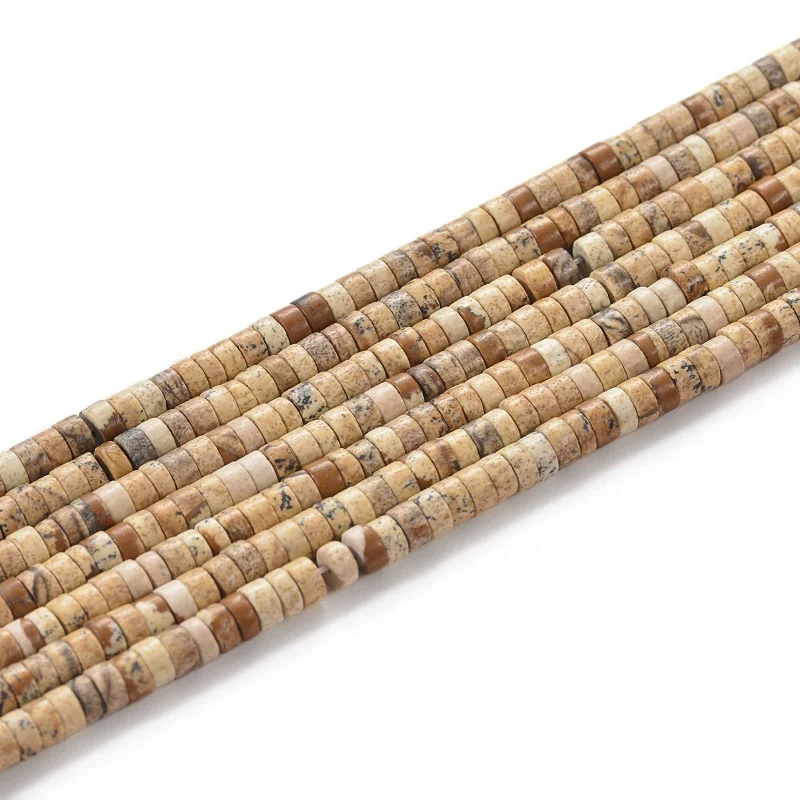 Wholesale Semi - Precious Flat Round Wheel Shaped Natural Gemstone Brown Picture Jasper Stone Beads Heishi For Jewelry Making