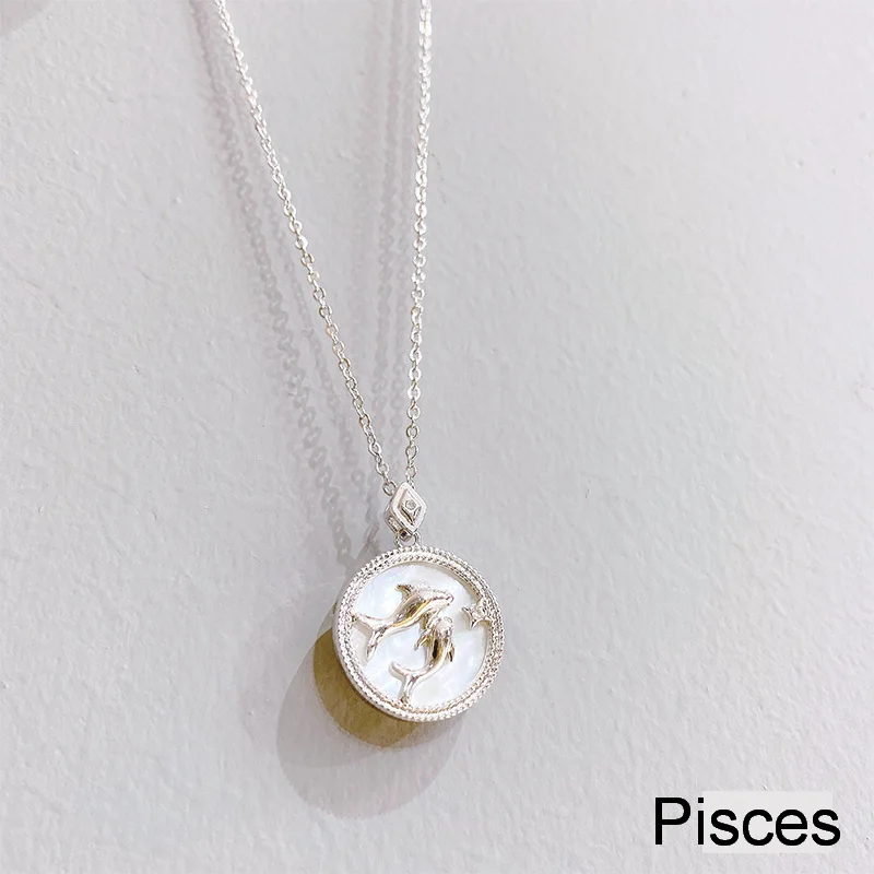 Fashion jewelry necklace 12 zodiac signs white shell pendant collarbone chain jewelry trendy coin zodiac sign hits