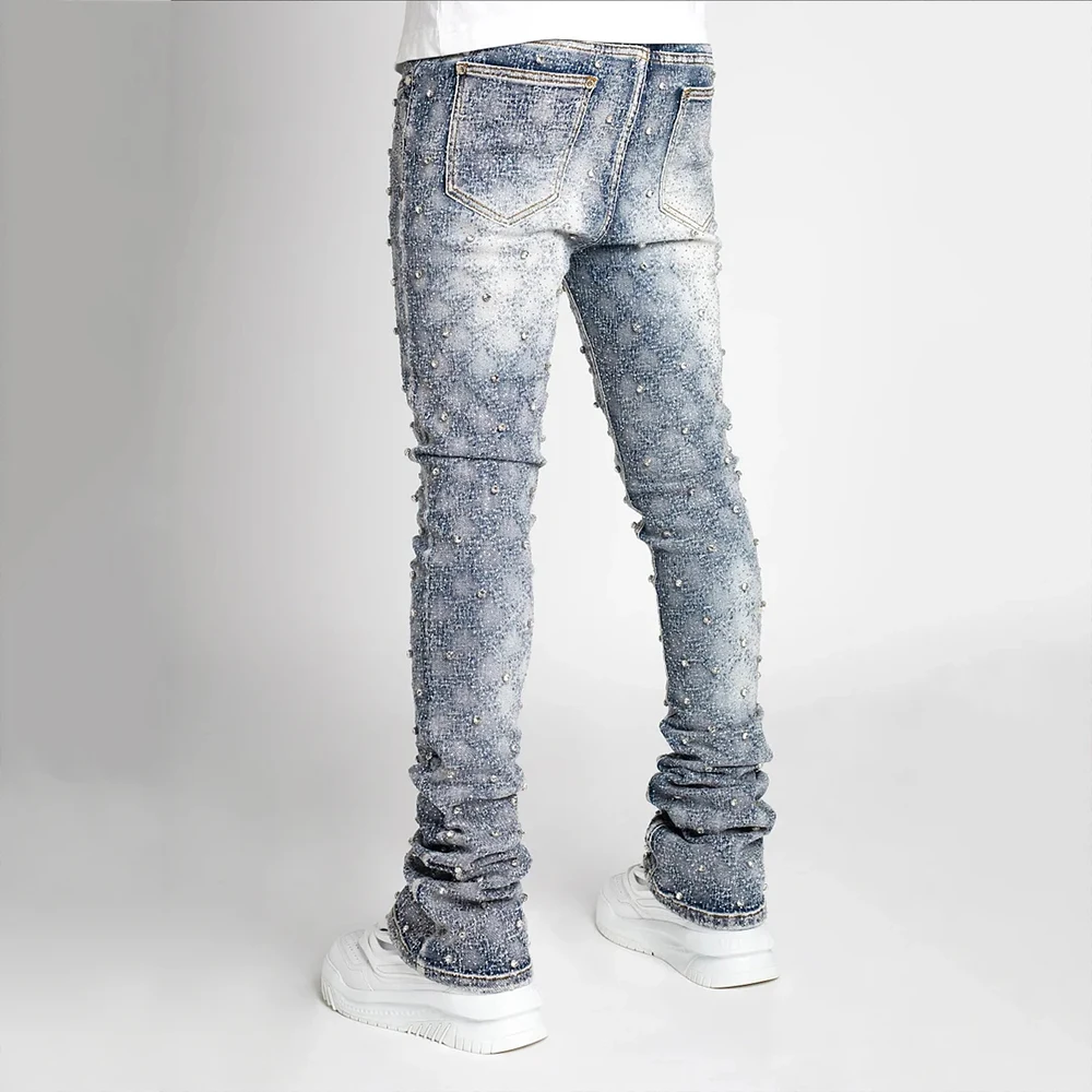 Topshow High Quality Silm Fit Blue Embellished Denim Jeans Full Over All Rhinestones Straight Loose Stacked Jeans
