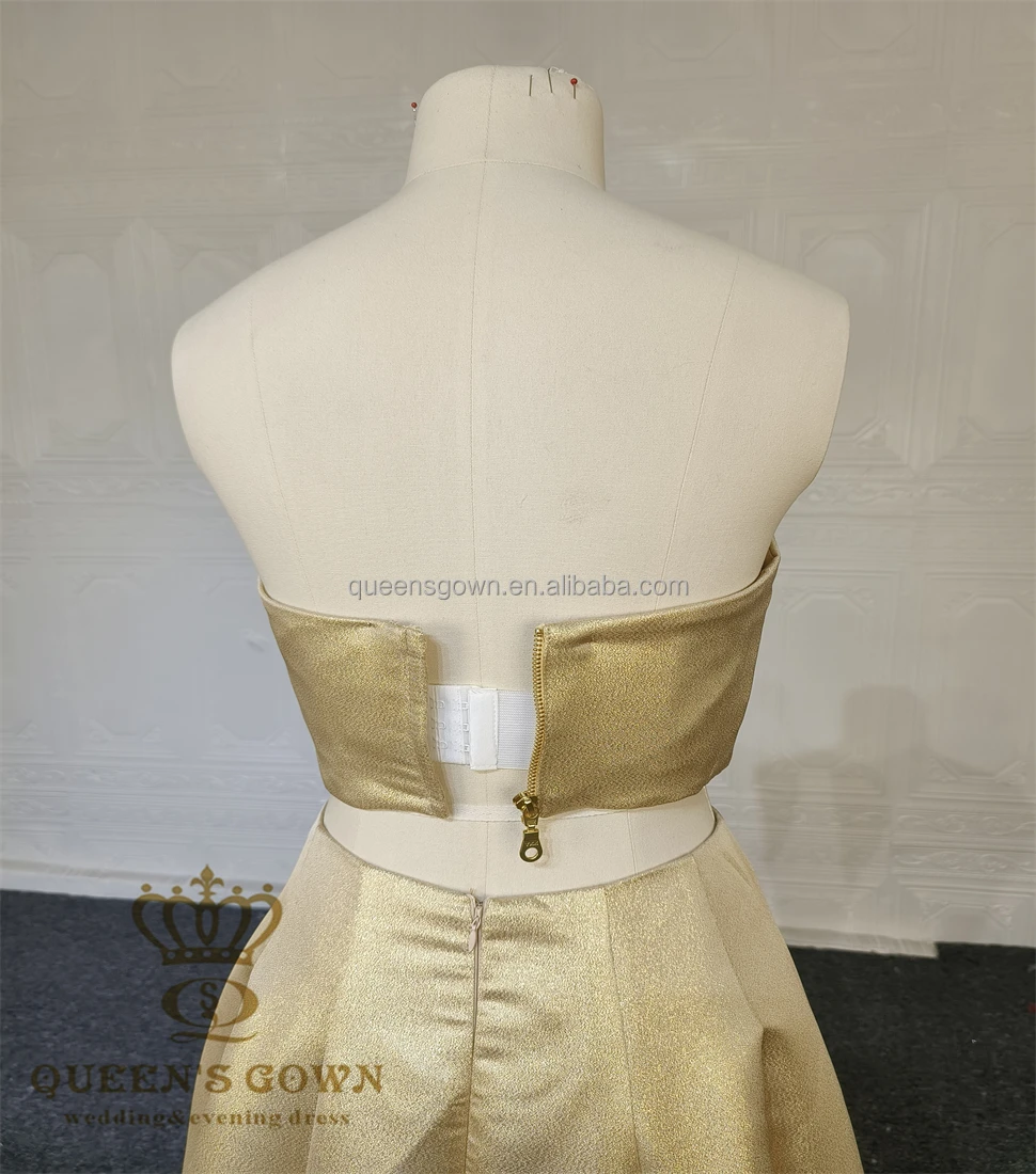 QUEENS GOWN Custom Made Strapless Two Pieces Party Dress Classic Golden Glitter A-line Slit Evening Dress