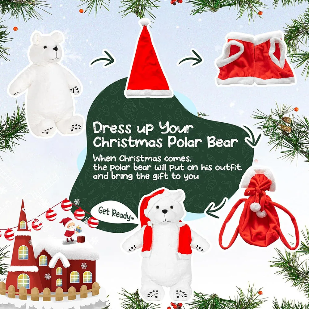 Custom Large Polar Bear Stuffed Animal Plush Toy Christmas Hat Vest Door Hanger Lifelike White Decor Gift Christmas Polar Bear