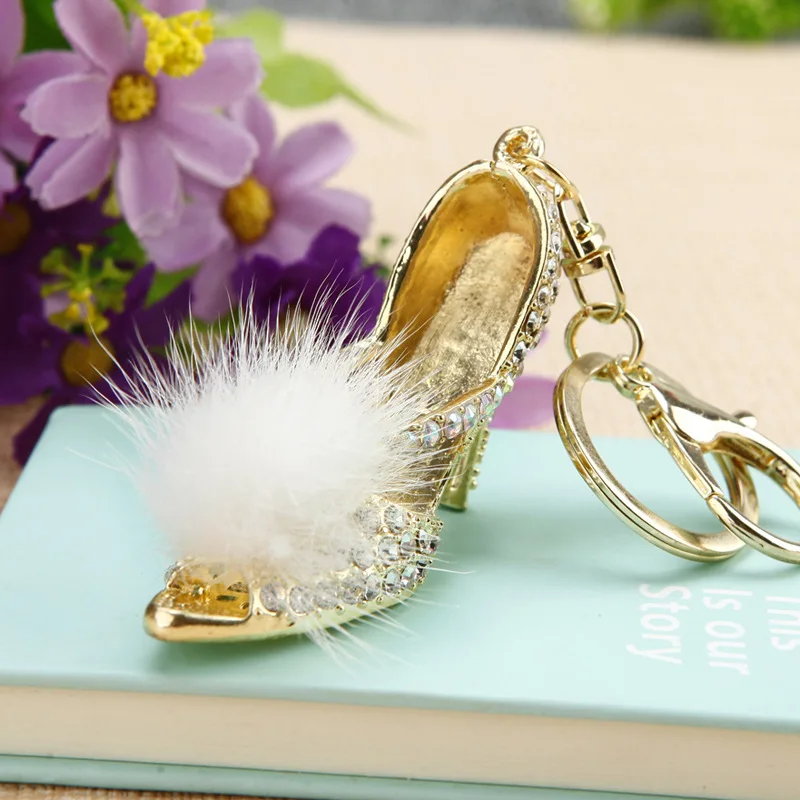 Custom Creative Gift Rhinestone Shoe Keychain Luxury Gold Metal Bag Pendant Key Chain For Ladies