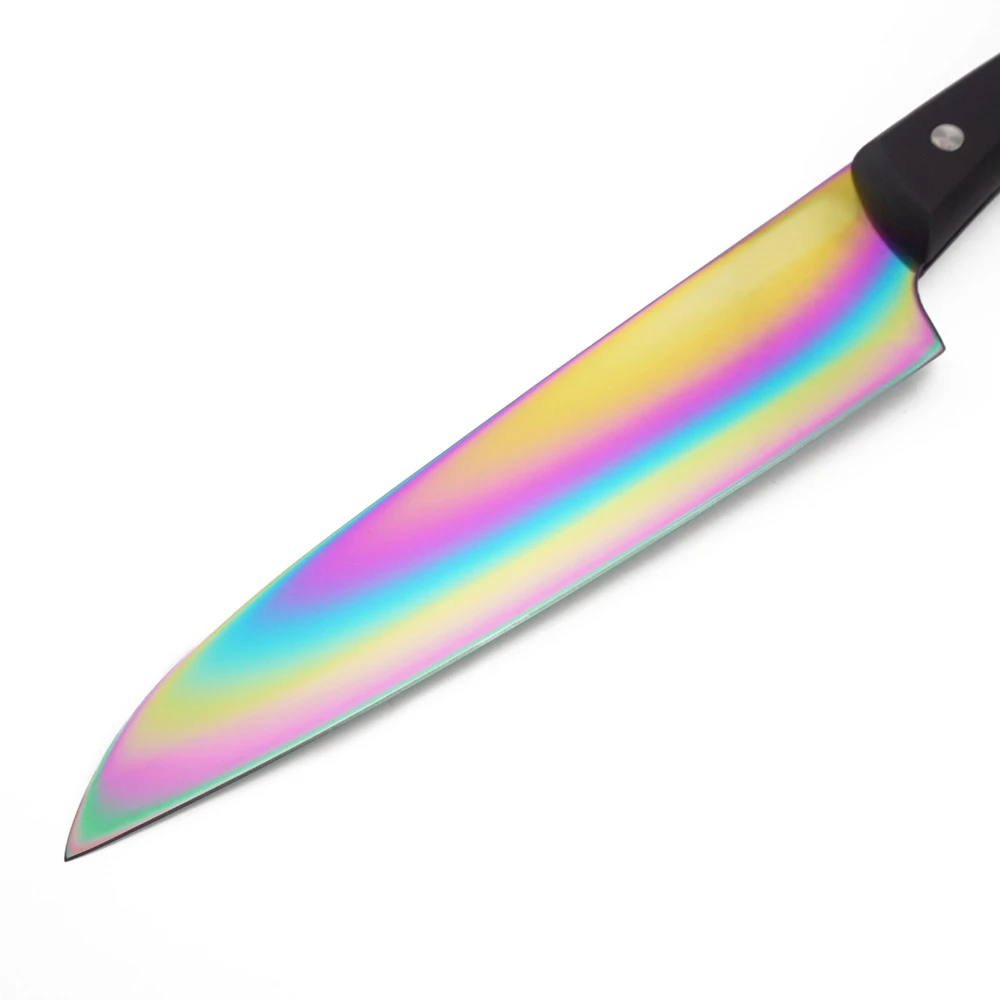 6-Pieces Kitchen Knife Set With Rainbow-Finished Titanium Coating Blade Pack In A Acrylic Block