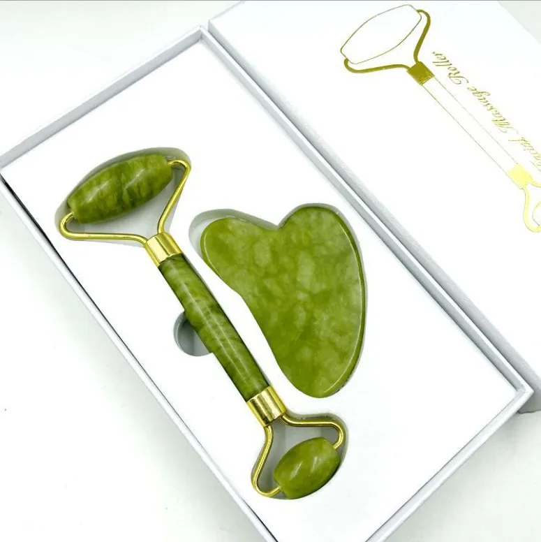 
Wholesale Skin Care Tools Custom 100% Natural Facial Massage Roller Face Jade Roller Gua Sha Set With Box 
