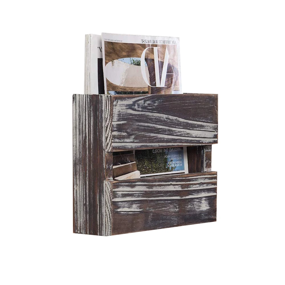 Rustic Torched Wood Magazine Holder Rack Wall Mounted,Wooden Hanging Mail Holder,Office Document File Wall Organizer