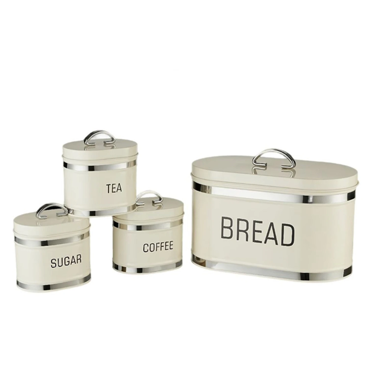 Glossy Retro Oval Double Loaf Bread Bin and Coffee Sugar Tea Canister Set with stainless steel Chrome Stripe