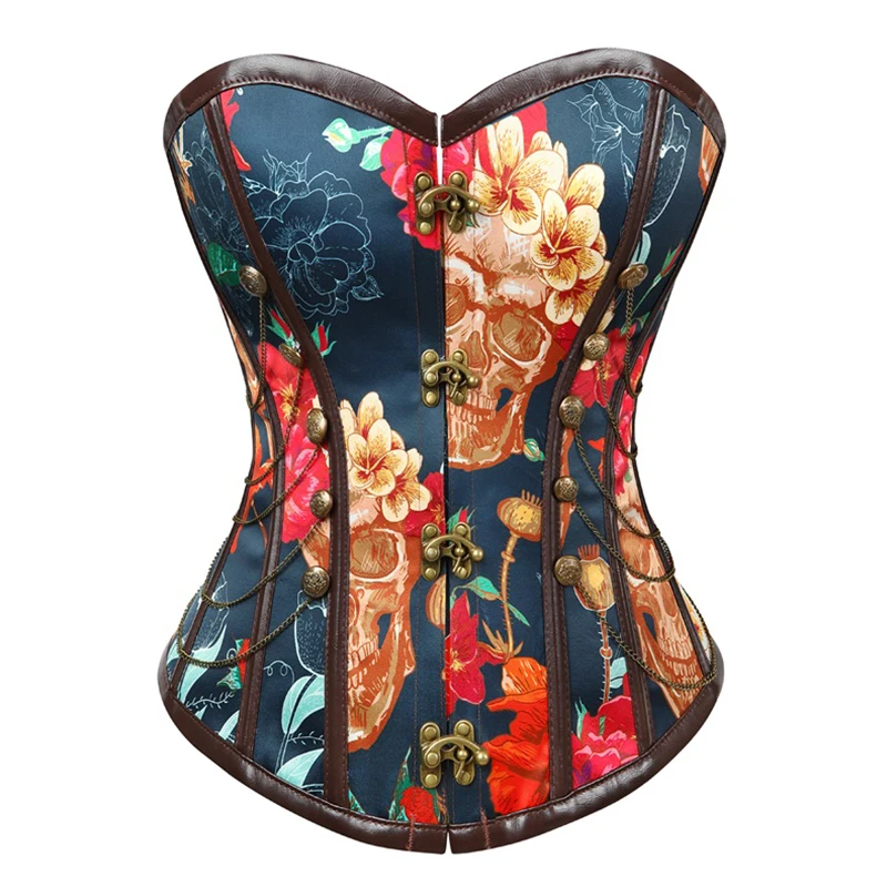 Steampunk Corsets Flower Printed Corset Vintage Bustier Tops Chains Decorated Bone Corselet Party Shows Cosplay Costume