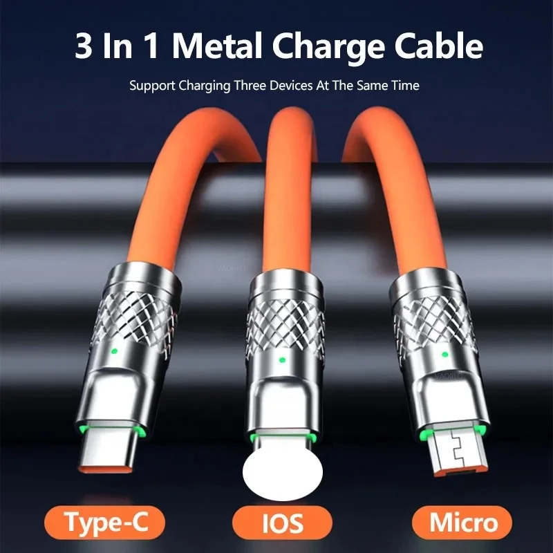 120W 6A 3 in 1 Fast Charging Type C Cable Micro USB for iPhone Charging Cable For Samsung Huawei Xiaomi Phone Charger USB Cable