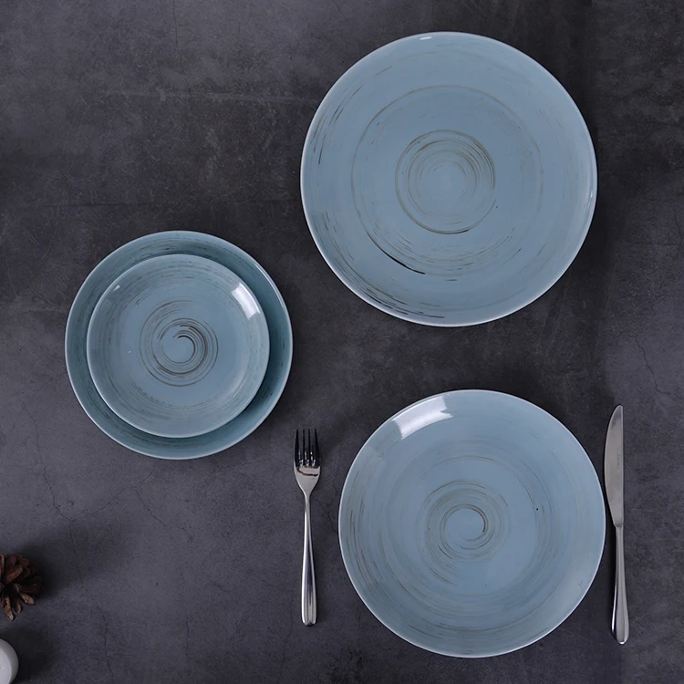 Custom logo blue japanese style stackable vintage dining plates ceramic tableware for restaurant ceramic dinner set rustic