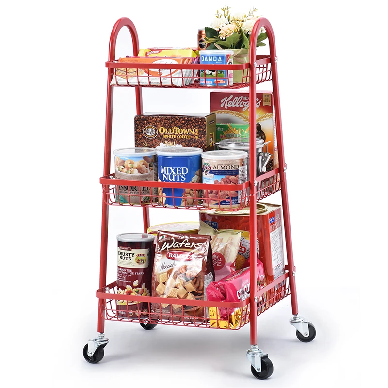3-Tier Rolling Cart, Heavy Duty Storage Cart with Lockable Wheels Wire Basket Utility Shelf Kitchen Cart