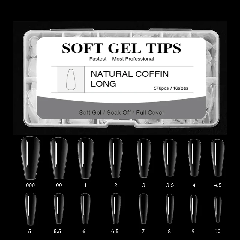 16 Size 576Pcs Custom Design Full Coverage Natural Coffin Long Acrylic Nail Press On Extension Kit Clear Fake Soft Gel Nail Tips