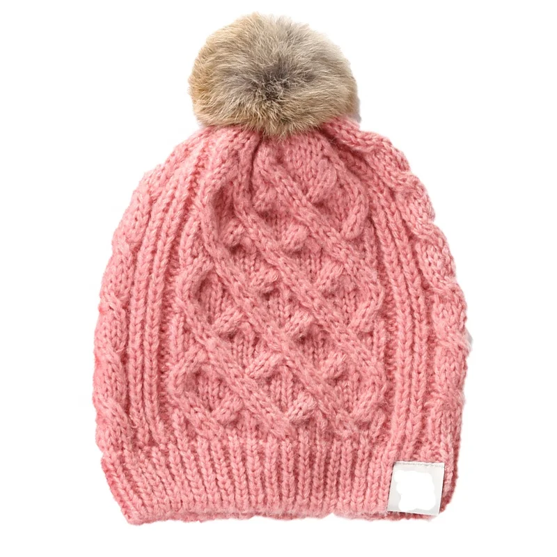 Winter Warm Cable Knit Beanie Hat  With Faux Fur Pom Pom