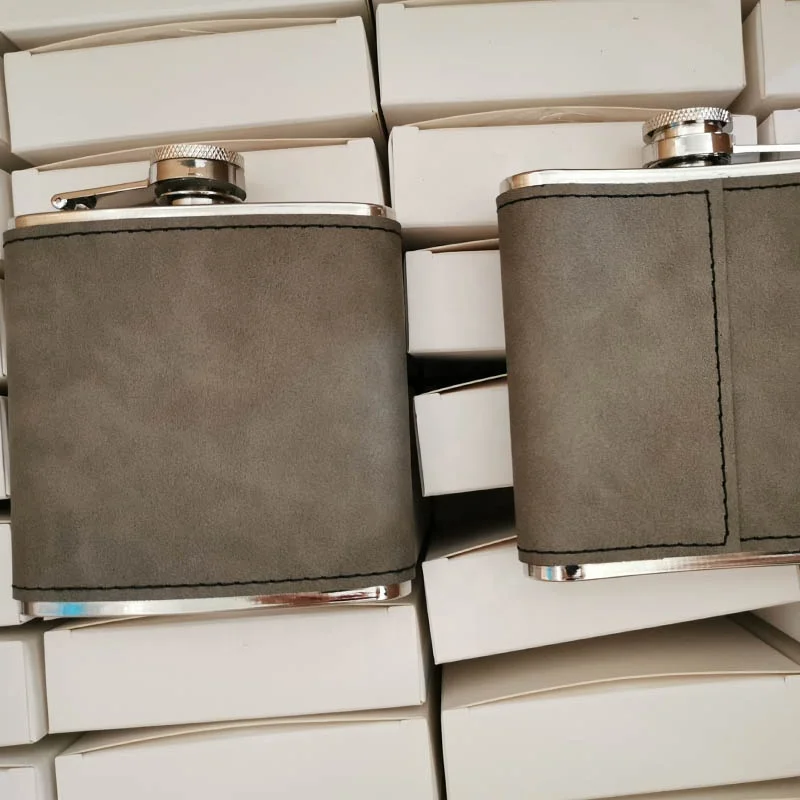 
wholesale hennessy stainless steel 6oz Custom Engraved Brown Leather Hip Flask 