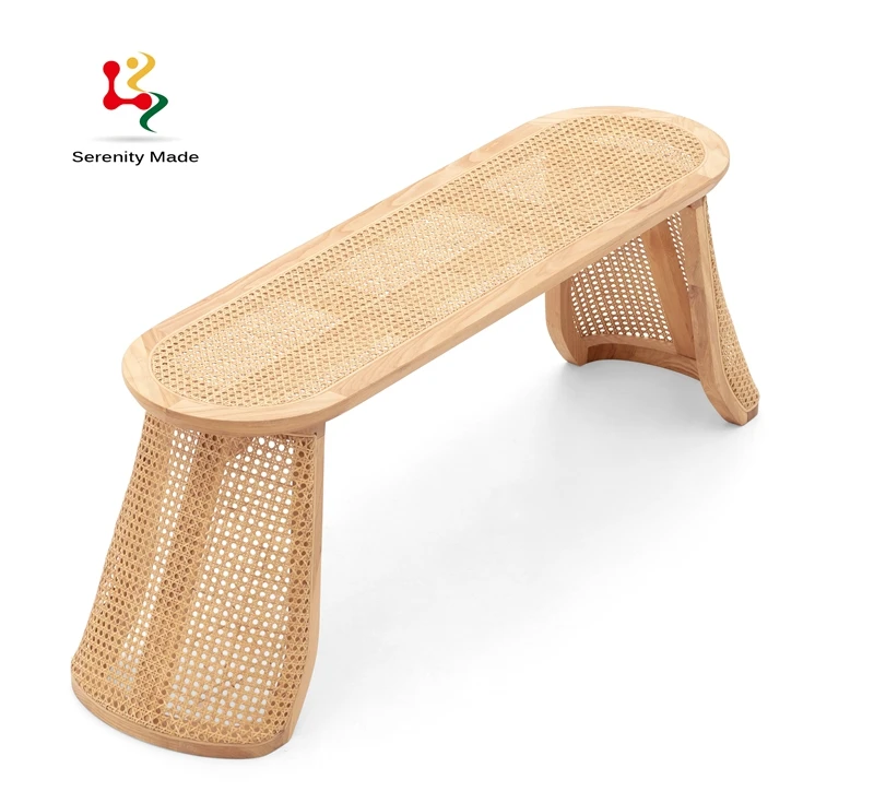 
Commercial hotel event furniture solid ash wood natural rattan bench seating sofa 