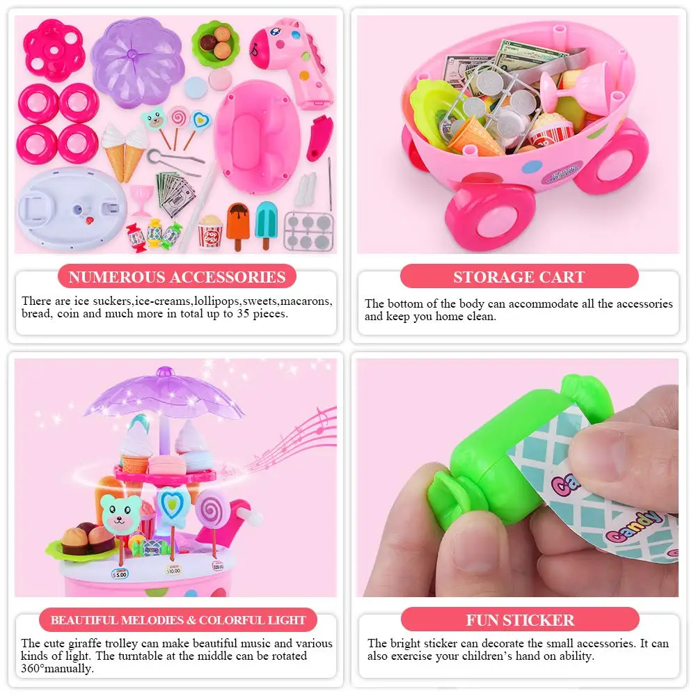 35pcs Deluxe Ice Cream Toy Cart - Storage Trolley with Cupcakes, Desserts, and Candy Shop Pretend Play Food Set