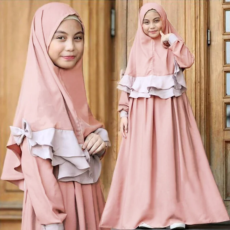 Kids Girls 2 Piece Full Cover Plain Hijab Abaya Dress Set Ramadan Eid Prayer Islamic Abaya Girls Muslim Children