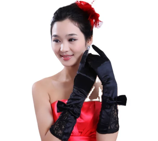 Вечерние свадебные аксессуары кружевные атласные перчатки с бантом Длинные перчатки с бантом для свадьбы