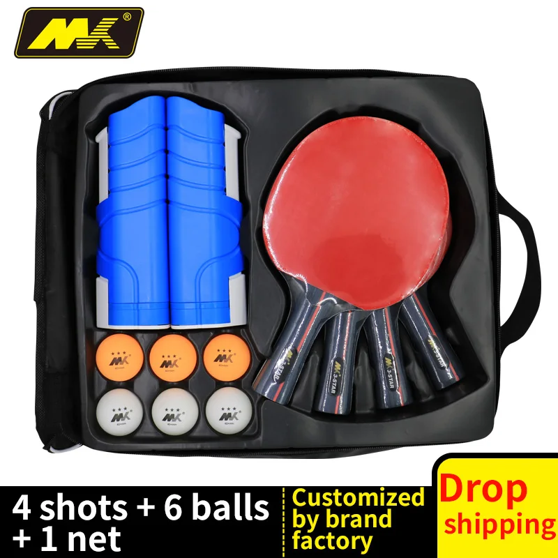 
Customized Logo Professional Wood Table Tennis Racket Ping Pong Bat Set 8 Balls and Portable Net for 4 Players 