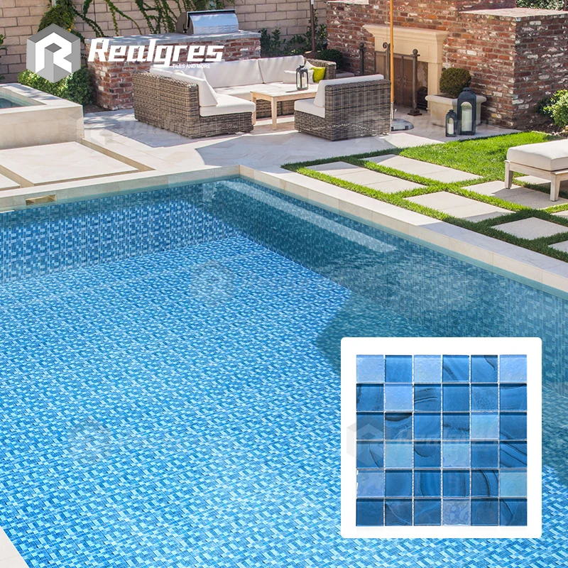 China Manufacturer Iridescent Mosaics Mixed Ocean Blue Glass Mosaic Swimming Pool Floor Tiles