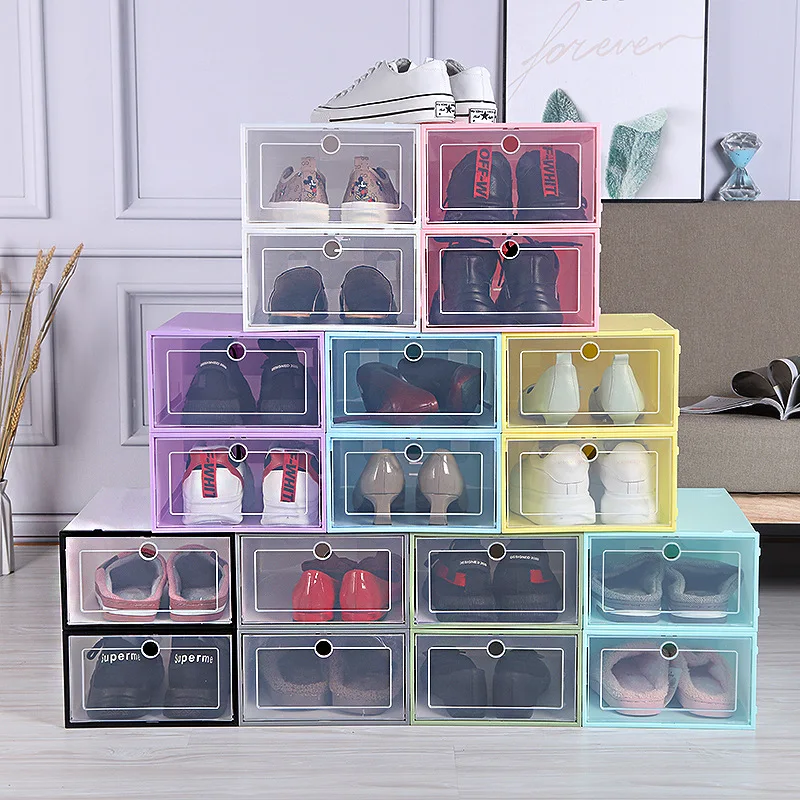 Factory Transparent Shoe Box Shoes Organizers Plastic Thickened Foldable Dustproof Storage Box Stackable Combined Shoe Cabinet