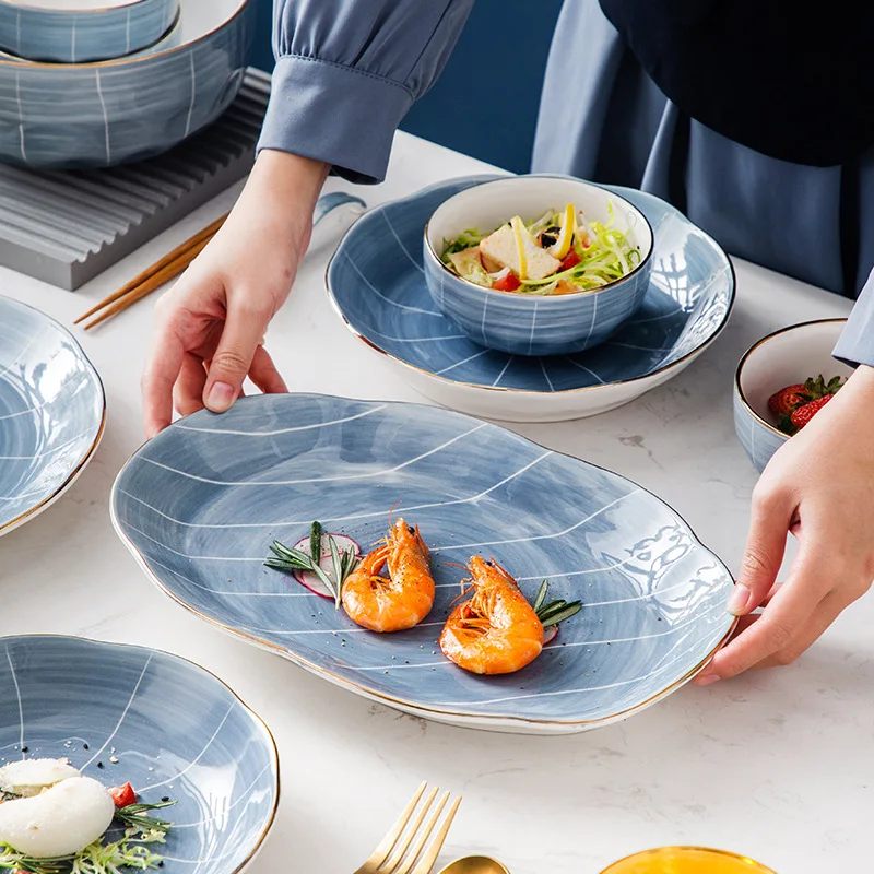 ins gold rim striped line glaze gradient household soup bowl plate ceramic dinnerware sets