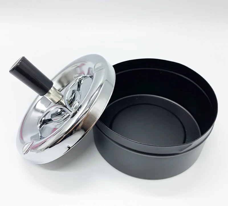 Factory Custom Logo Round Push Down Cigarette Iron Smokeless Cigarette Metal Ashtray With Spin Lid