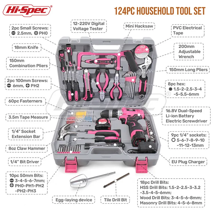 124 piece Pink Lady Power Tools Kit Hand Tools Set Cordless Power Drill with 16.8v Li-ion Battery in a tool case