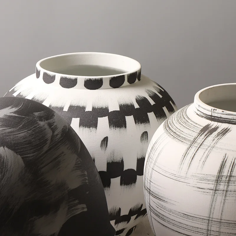 New ceramic round jar vase hand-painted ink flower arrangement flower stand creative decoration ornaments clay Chinese vase