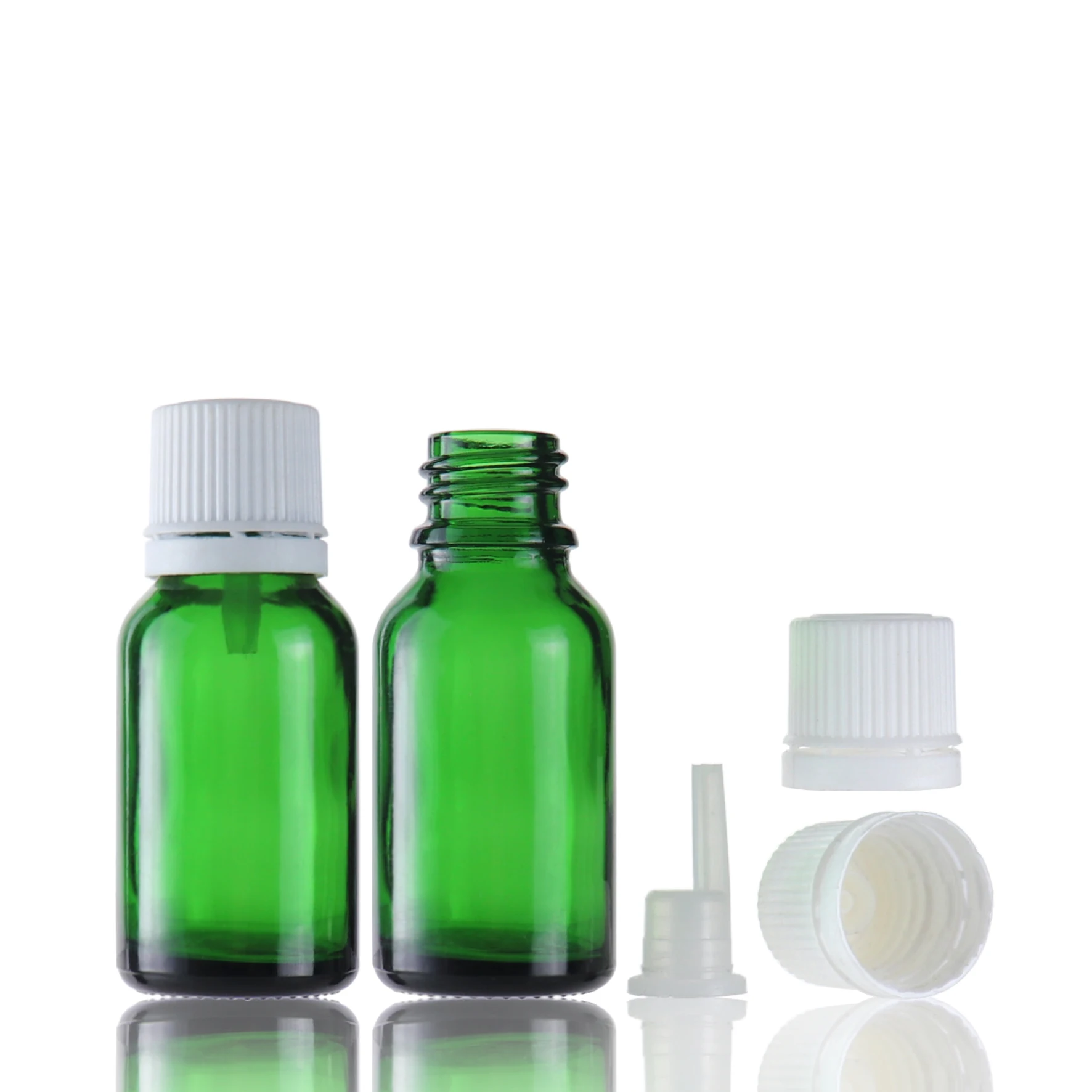 Glass essential oil bottles with inner stopper for body care 15ml green cosmetic package bottle with childproof caps