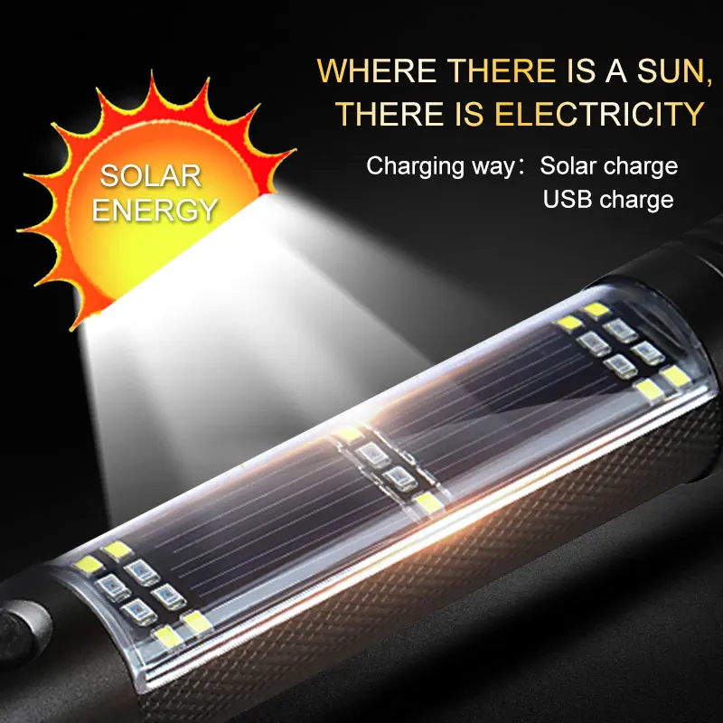 Multifunction Emergency SOS Alarm Tactical Solar Power Rechargeable Led Torch With Power Bank