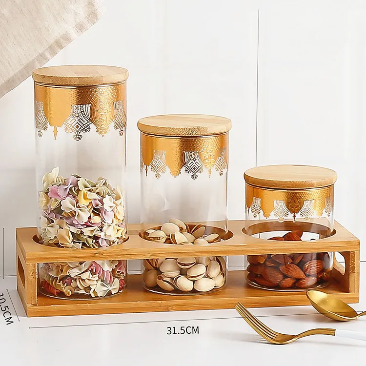 Kitchen Tea Sugar Storage Bottle Canister Set Food Grade Sealed Tank Dry Food Empty Glass Storage Jar Set Bamboo Wood Stand