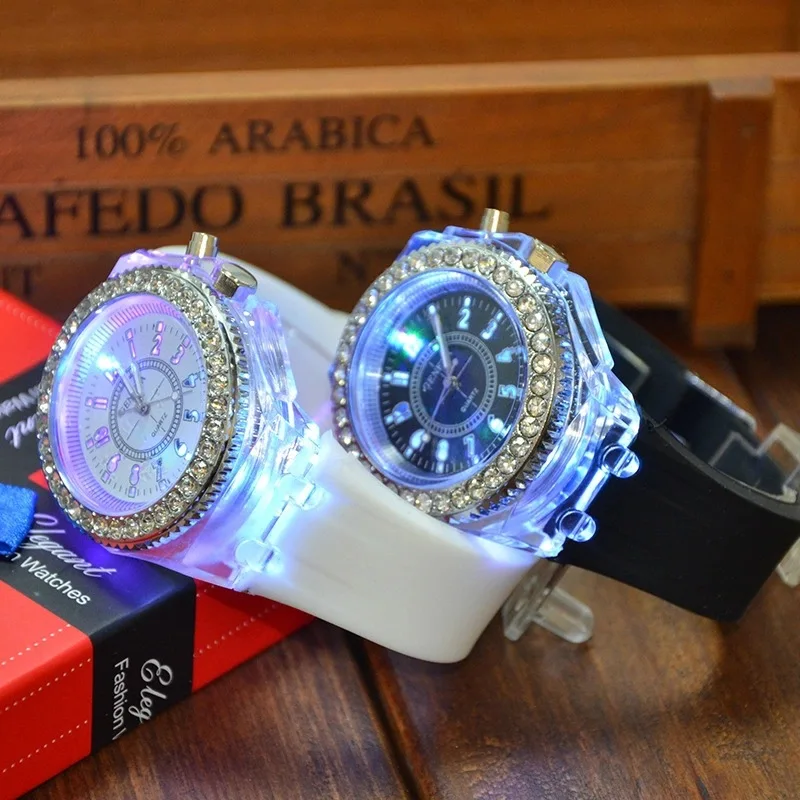 Fashion Rhinestone Big Dial Silicone Band Analog Watch Clear Case Quartz Watches LED Luminous For Kids Watch