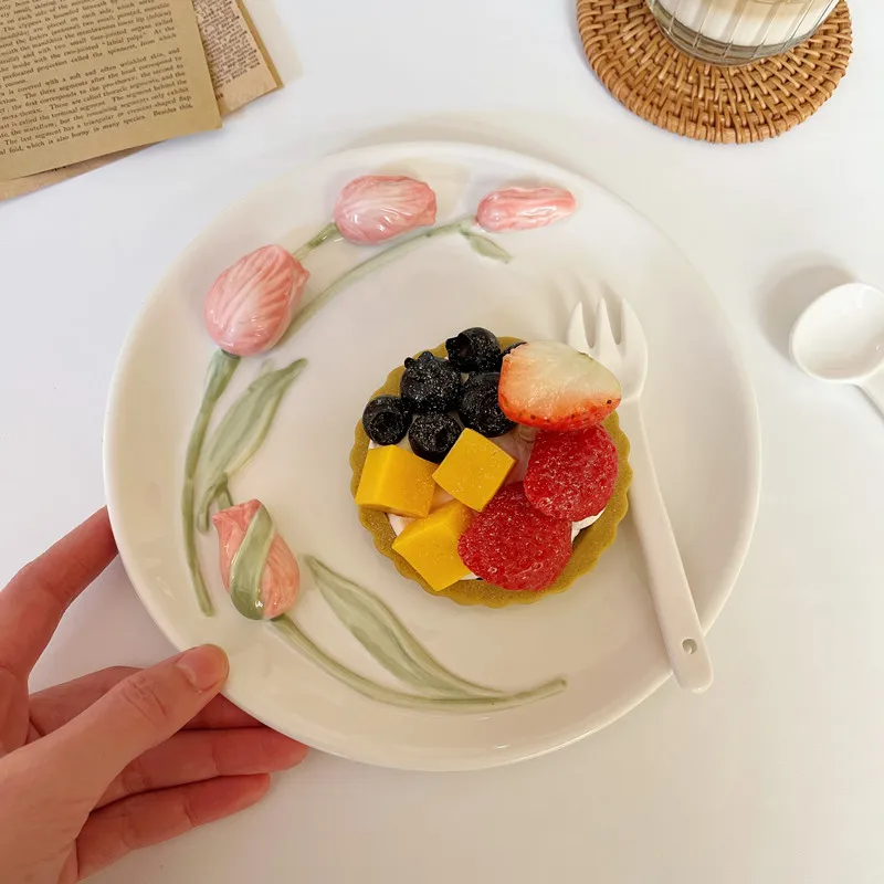 SYL New Korean ins girl heart relief tulip flower ceramic plate chargers cake dessert dish posing props dinner set dinnerware