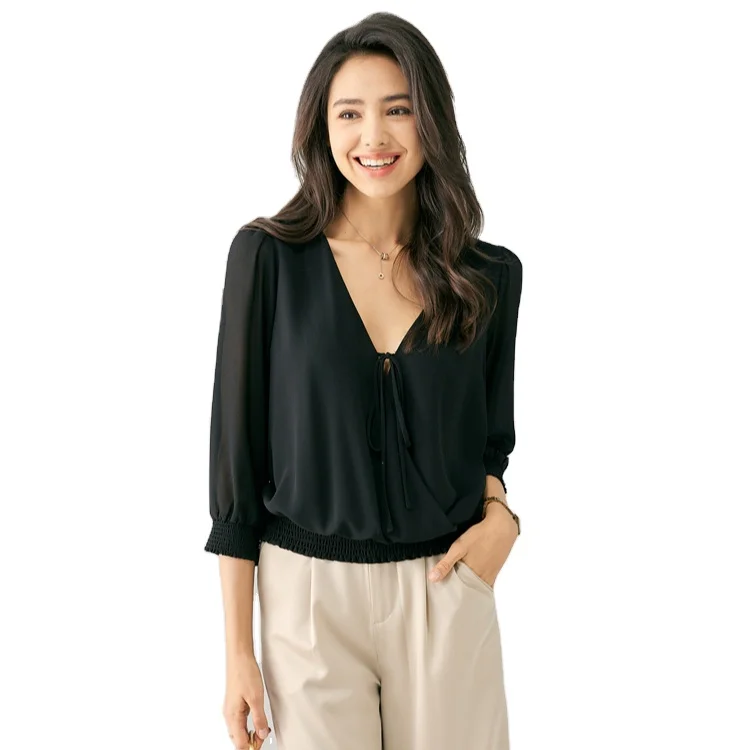Spring Classic Long Sleeve V-neck Casual Tops Elegant Loose Silk Women Chiffon Shirt
