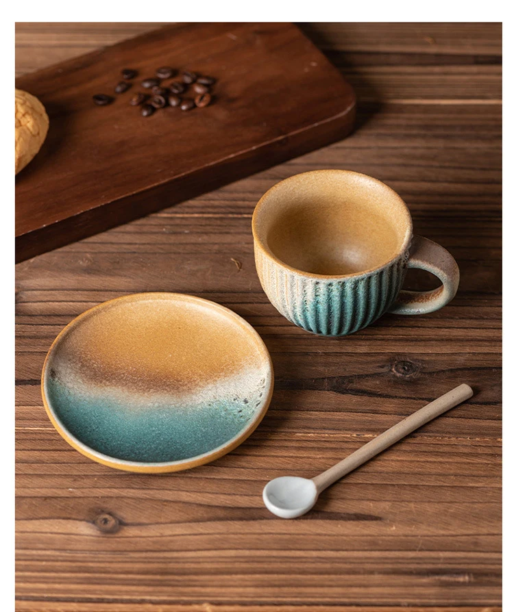 Japanese Retro Handmade Espresso Cup And Saucer Ceramic Set 220ml Striped Coffee Cup With Spoon And Saucer Set