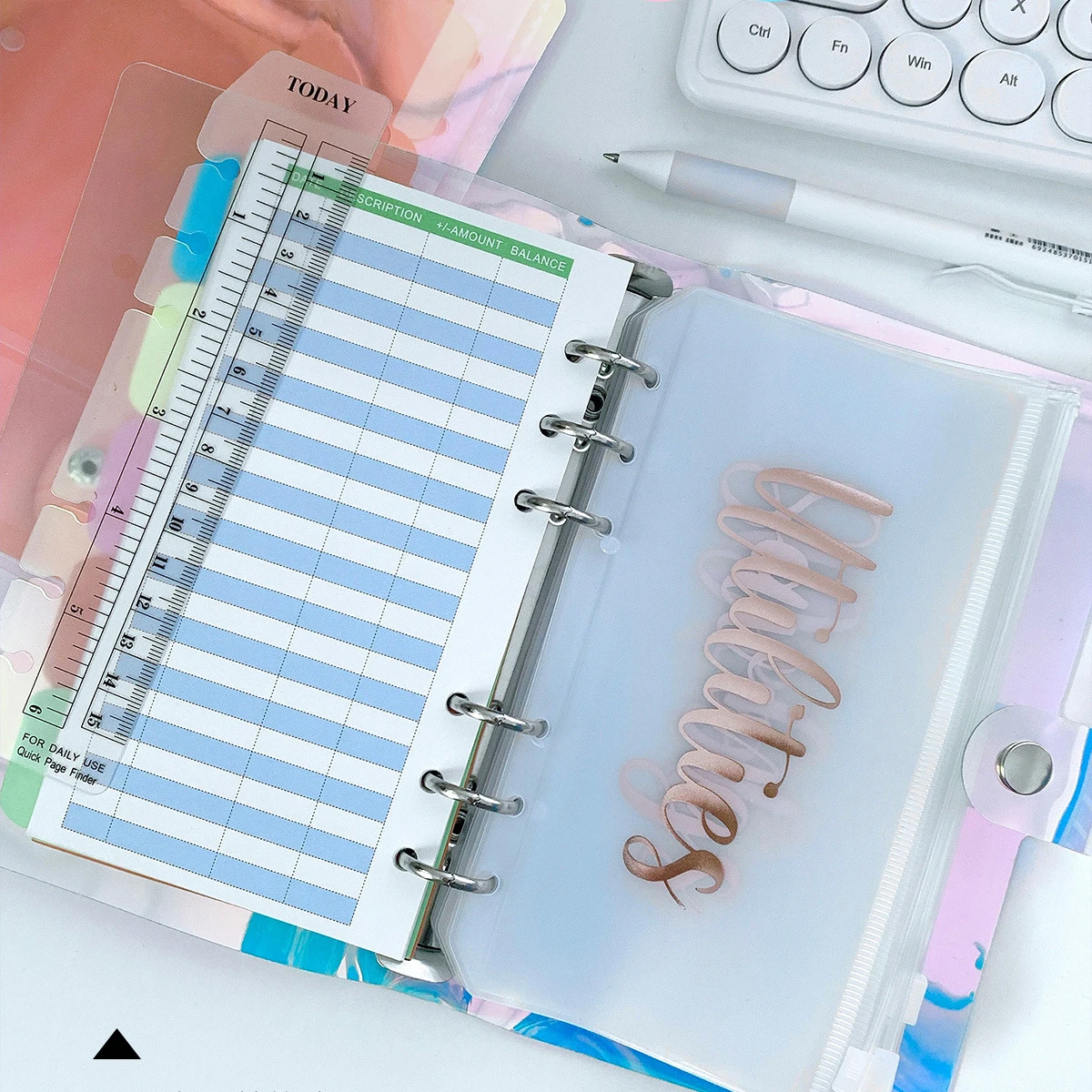 Stock Holographic PVC A6 Laser Notebook Binder Set 6 Holes Ring Budget Binder With Cash Envelopes Document Zipper Bag