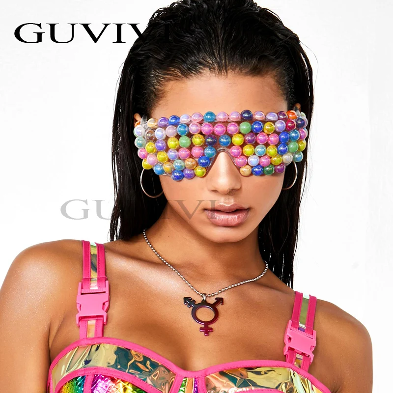 GUVIVI Fashion Colorful Steampunk Sunglasses Women 2021 Trend Fancy Pearl Oversized Glasses Female Eyewear Vintage Sun Glasses