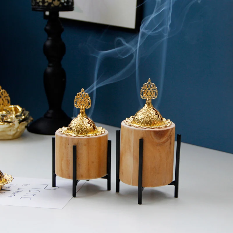 Elegant luxury design Islamic style Iron Stand Wooden Incense Burner Mubkhar Incense Burner Arabic Incense Burner with Lid