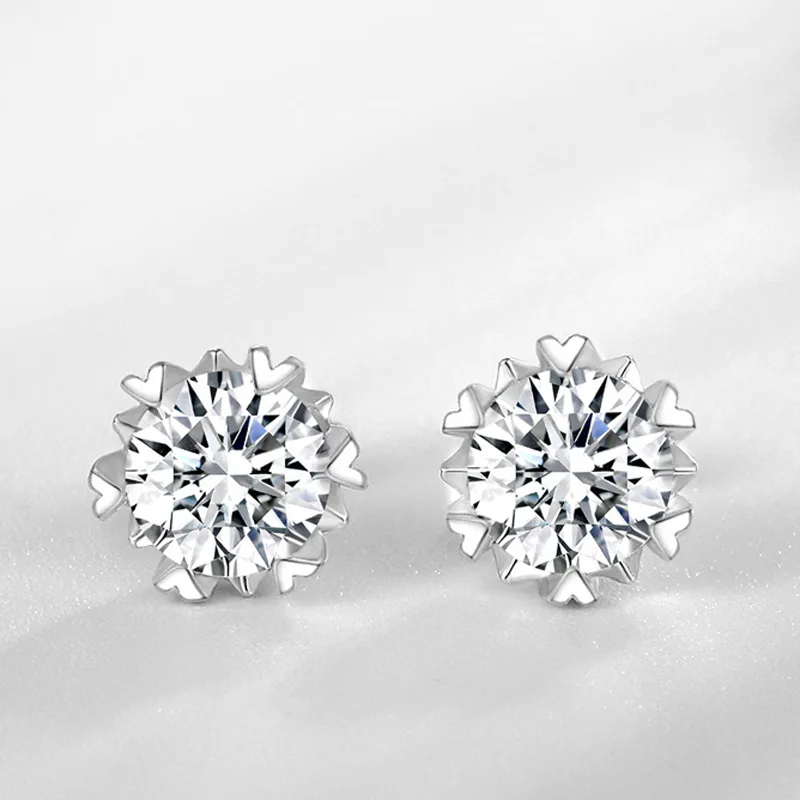 S925 Sterling silver Needle 18K White Gold Plated Snowflake heart-shaped  Studs earrings for Women