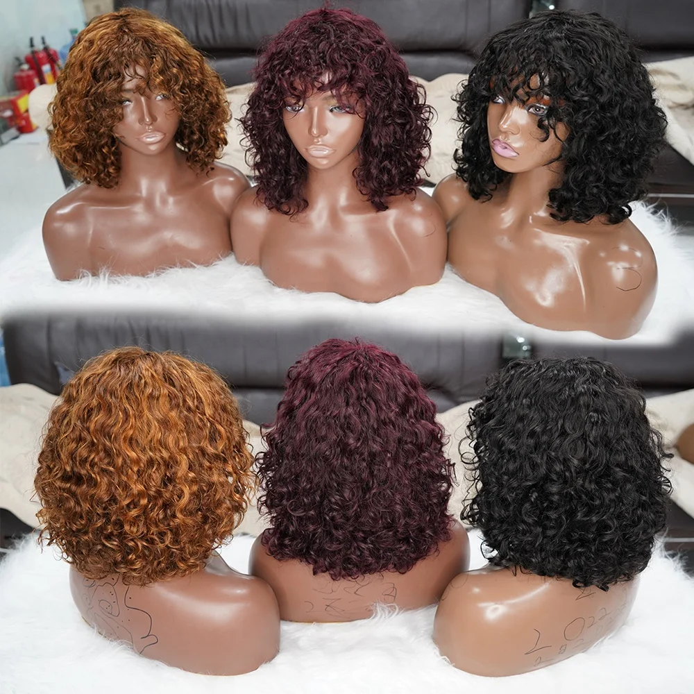 Glueless Brazilian Short Bob Wig With Bangs, Bang Luxury Curly Wig, Cheap Curly Human Hair Bang Wig Non Lace Human Hair Wigs