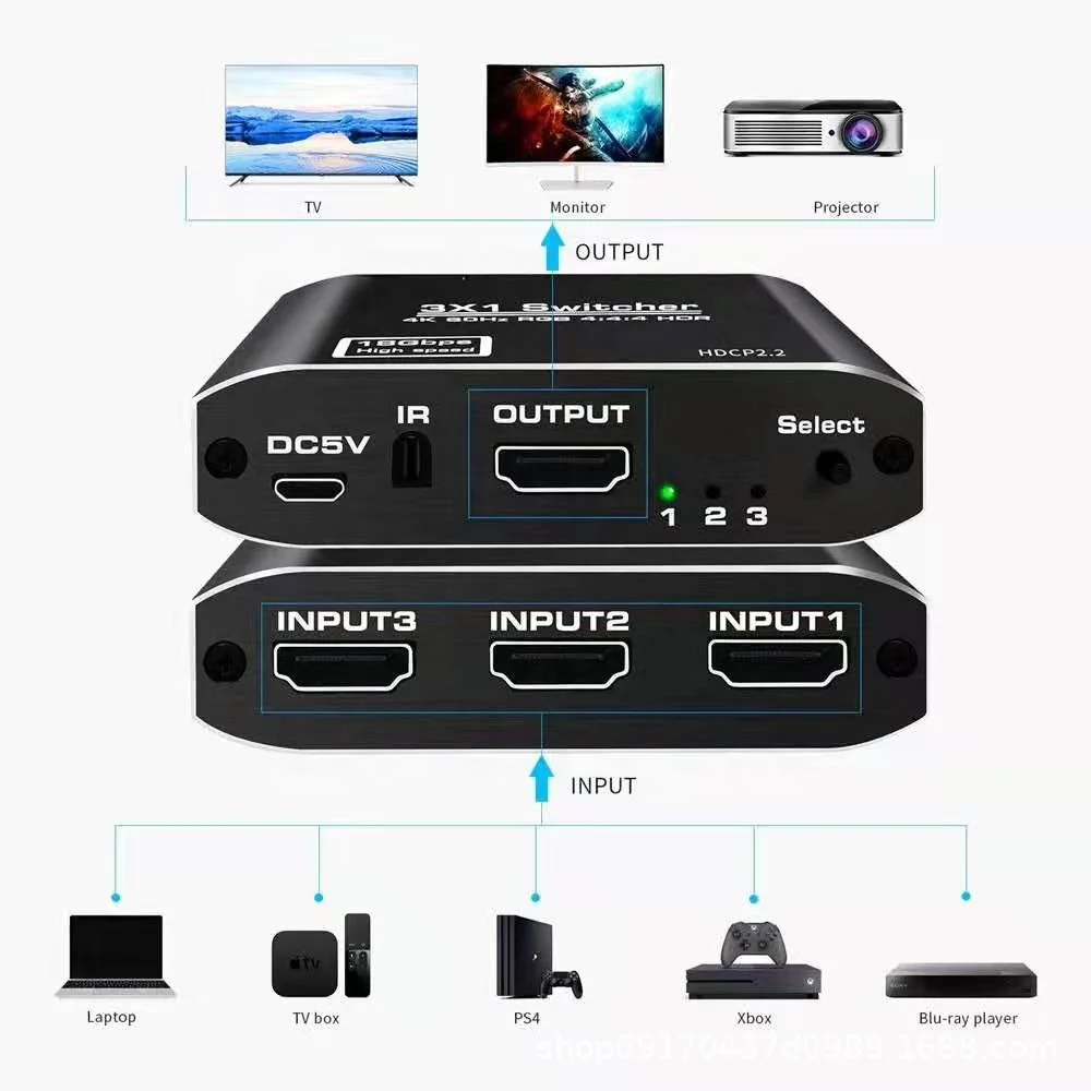 High Speed 18Gbps 4K 3 To 1 HDMI 2.0 Switch Box Converter 4K 60Hz HDR 3 Port HDMI Switch Switcher 3 In 1 Out With Remote