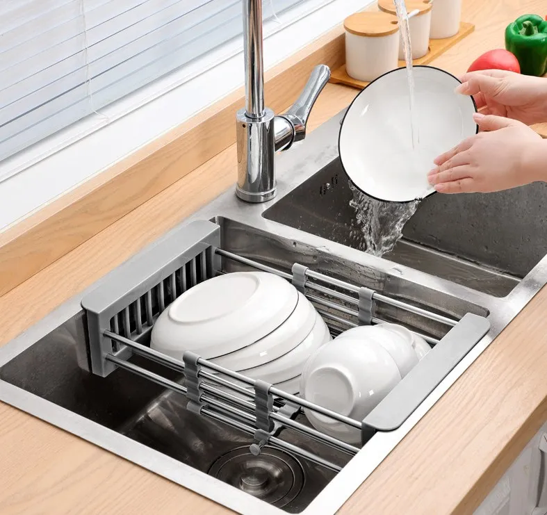 Adjustable Sink Dish Drainers Drain Basket Kitchen Organizer Stainless Steel Dish Drying Rack Extend Sink Rack