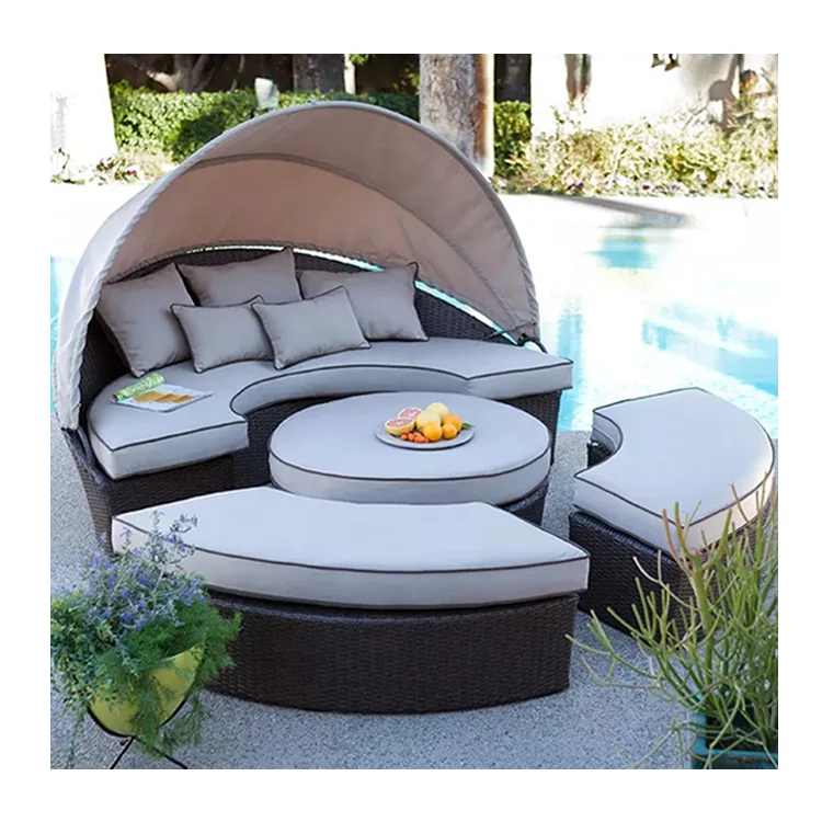all weather outdoor furniture Modern rattan day bed sun round outdoor lounge with canopy lounger chaise