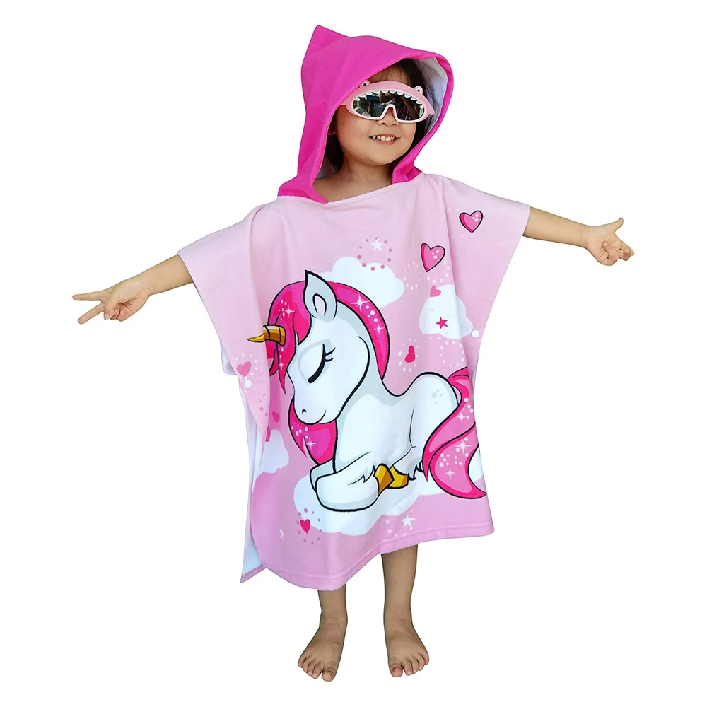 High quality printed unicorn animal character kids microfiber terry beach poncho hooded towels custom