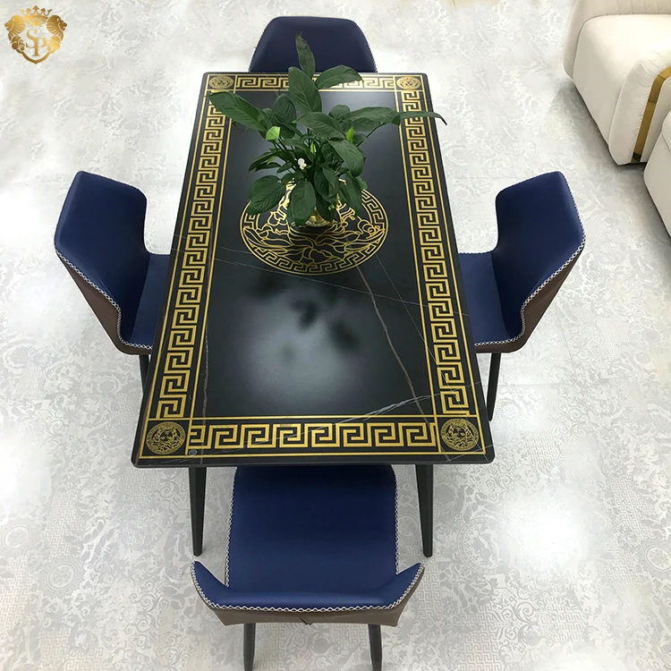 Extra large classic ornate black dining set tables slab 1800x900 top italian square gold luxury dining table set with 6 chairs