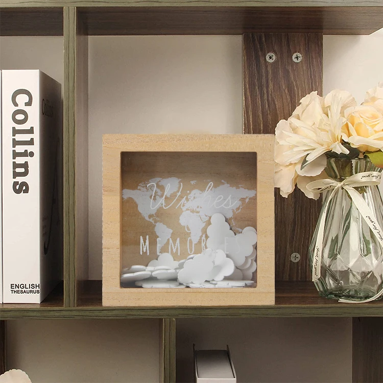 Brown wooden pretty little cloud savings piggy bank tirelire with glass for room decoration and saving money